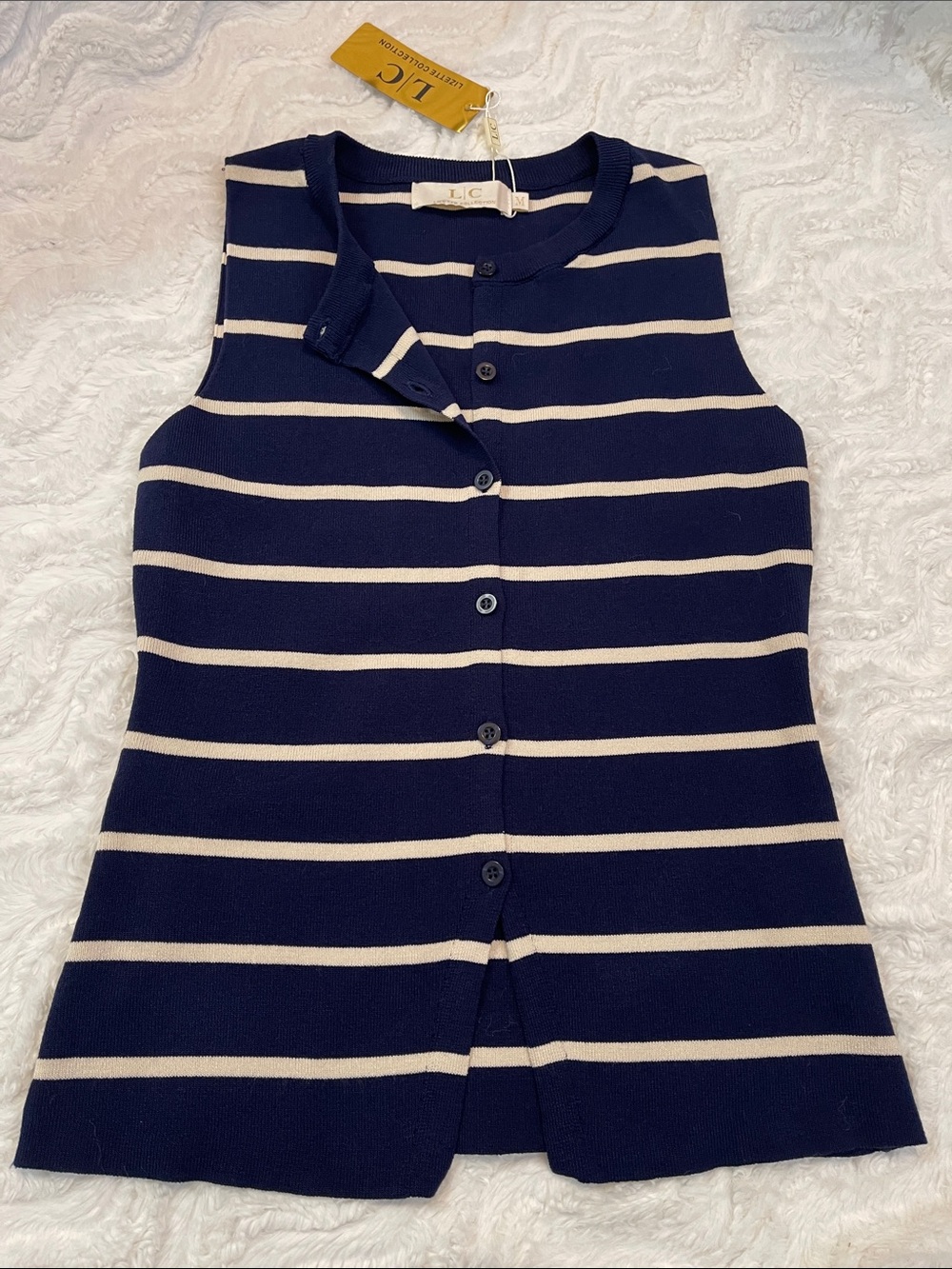 NWT Sweater Navy Striped Sleeveless Button-Down S-M
